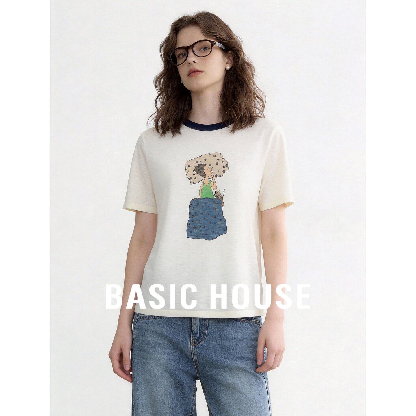 Basic House/百家好韩式休闲短袖T恤女夏季白色简约宽松轻薄上衣