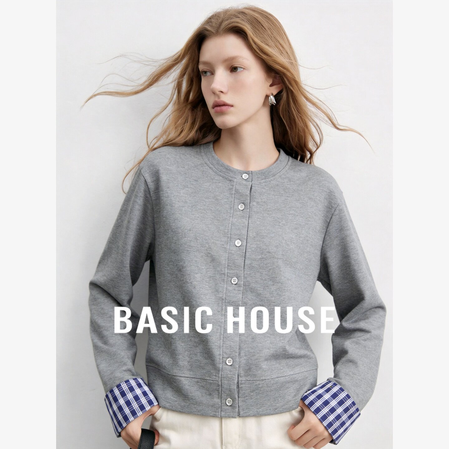 Basic House/百家好格纹拼接卫衣外套女修身显瘦百搭按扣休闲外套