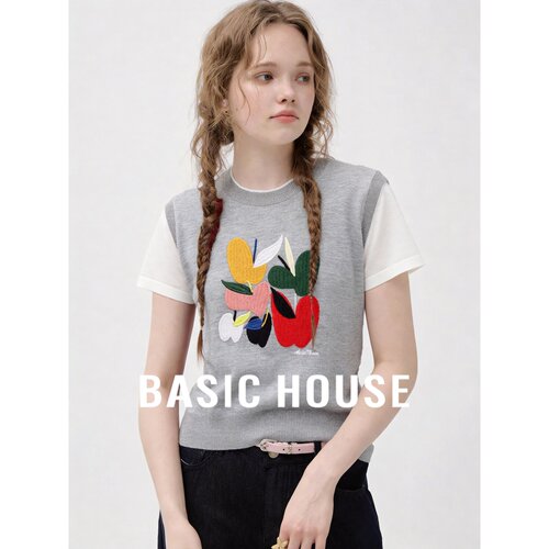 Basic House/百家好撞色假两件短袖针织衫女夏灰色圆领设计感上衣