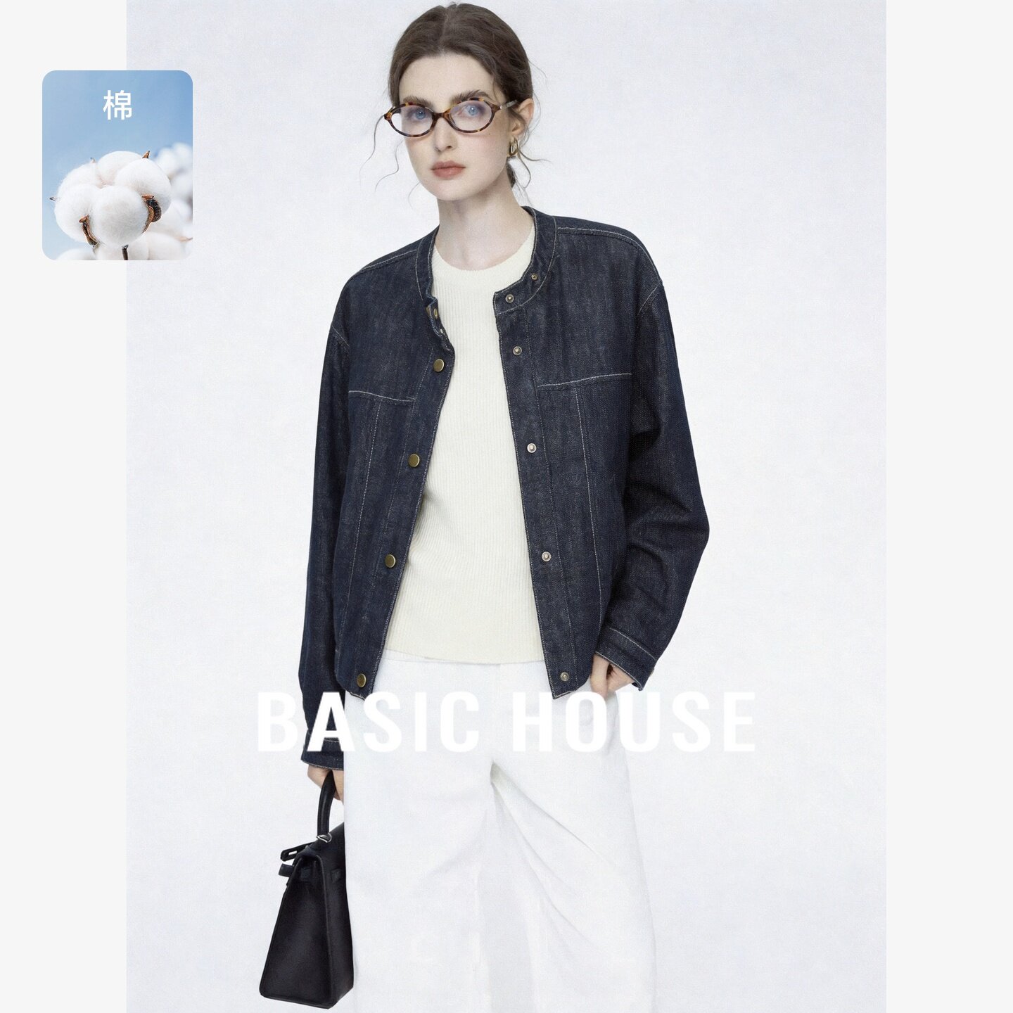 Basic House/百家好美式复古牛仔棉服女圆领百搭通勤短款夹克上衣