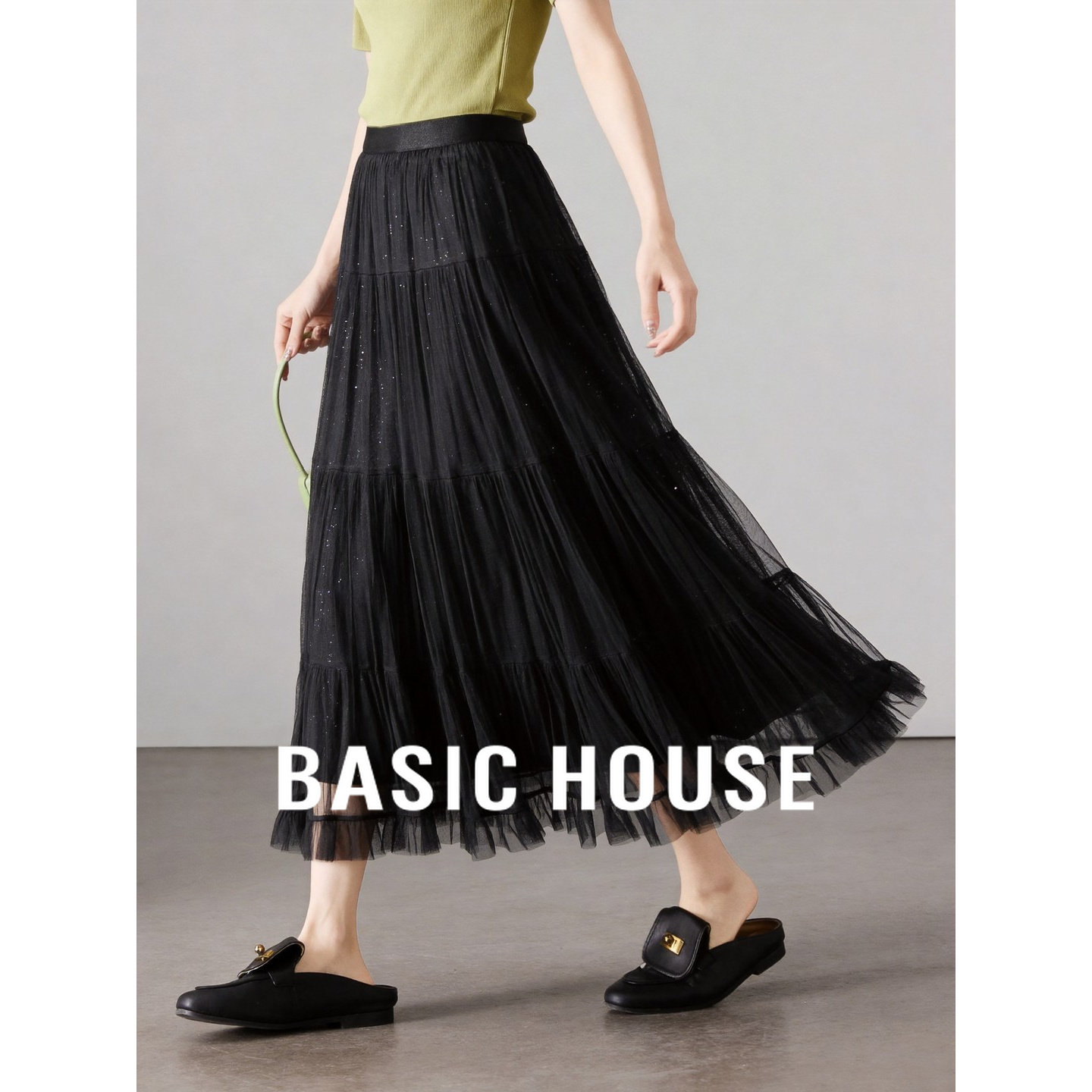Basic House/百家好2026新款层次感网纱半身长裙女百搭A字仙女裙