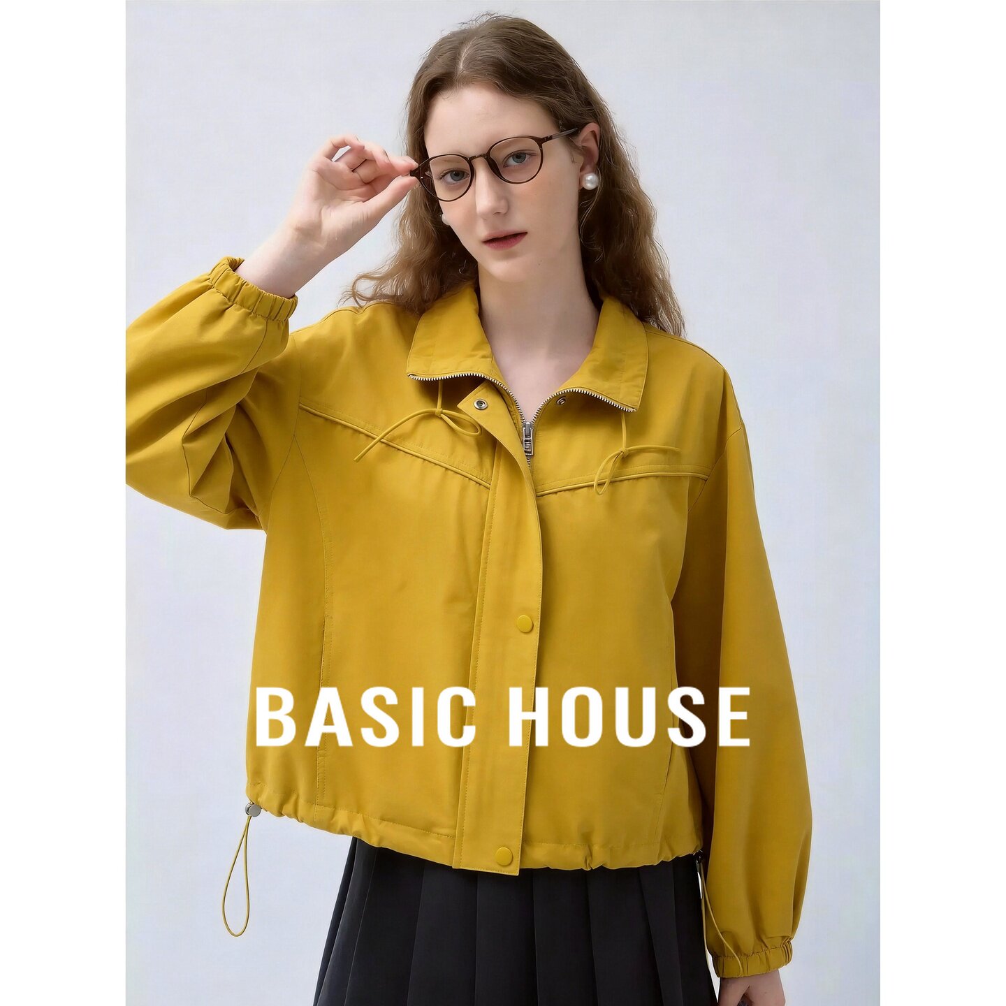 Basic House/百家好休闲风翻领工装夹克女短外套黄色抽绳收腰早秋