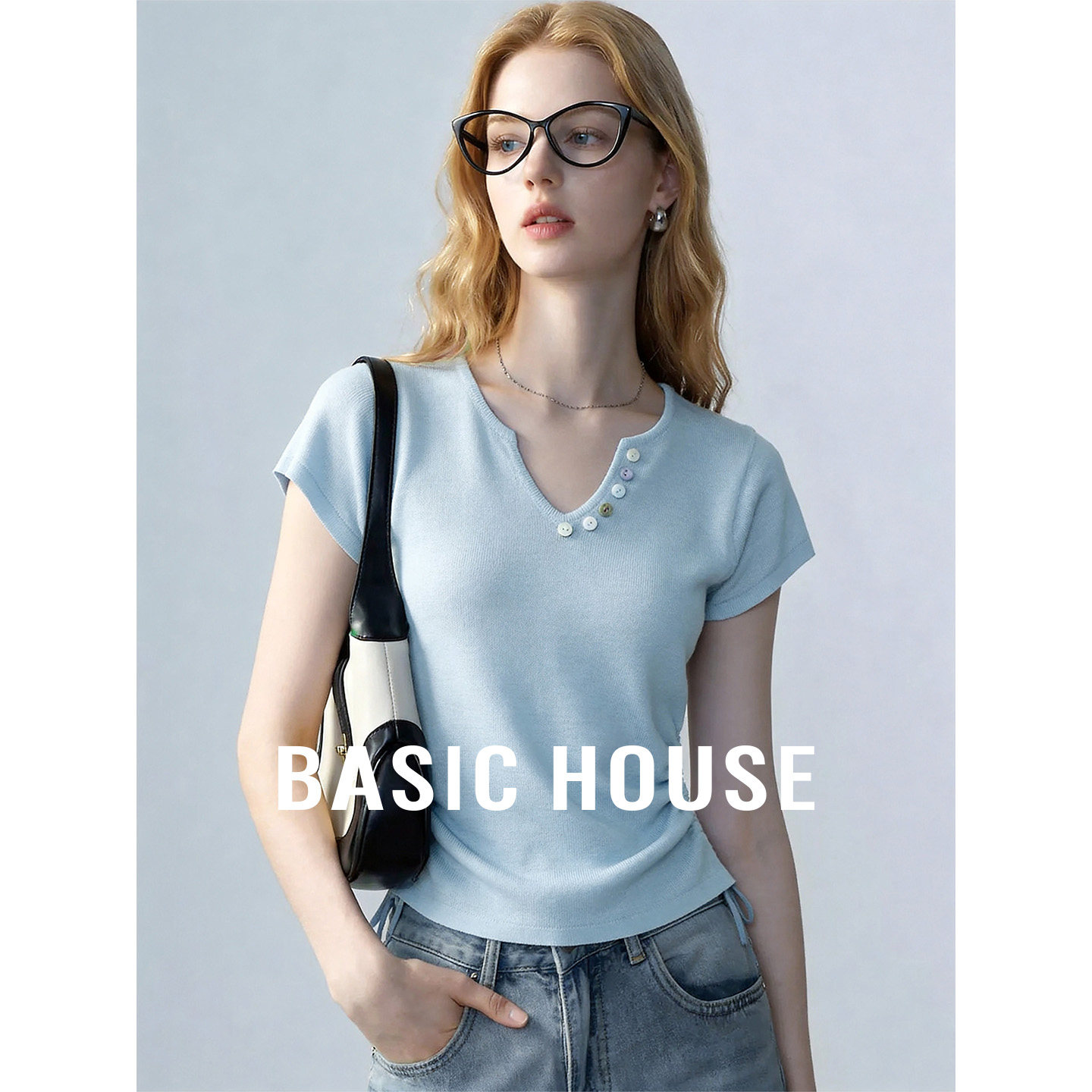 Basic House/百家好蓝色清新舒适透气短袖针织衫女夏收腰修身上衣