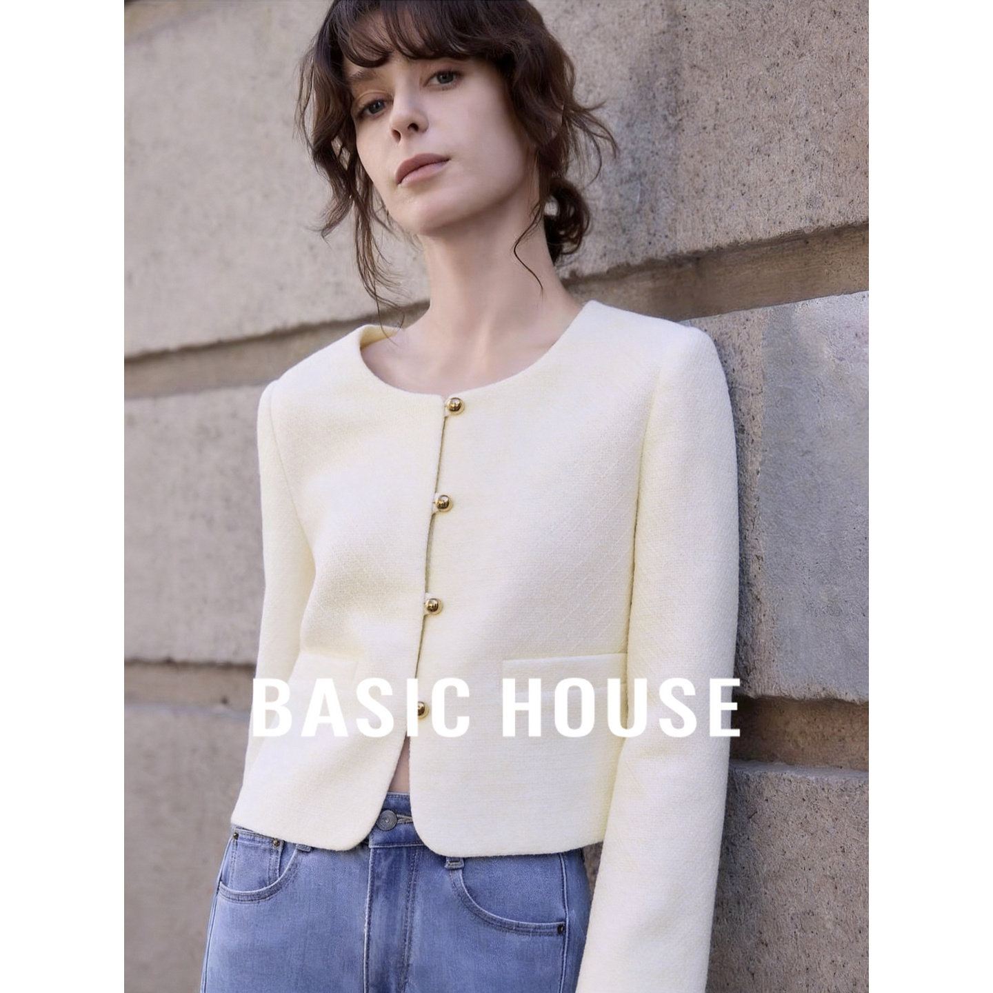 Basic House/百家好小香风白色短外套女圆领金属扣百搭外套秋季