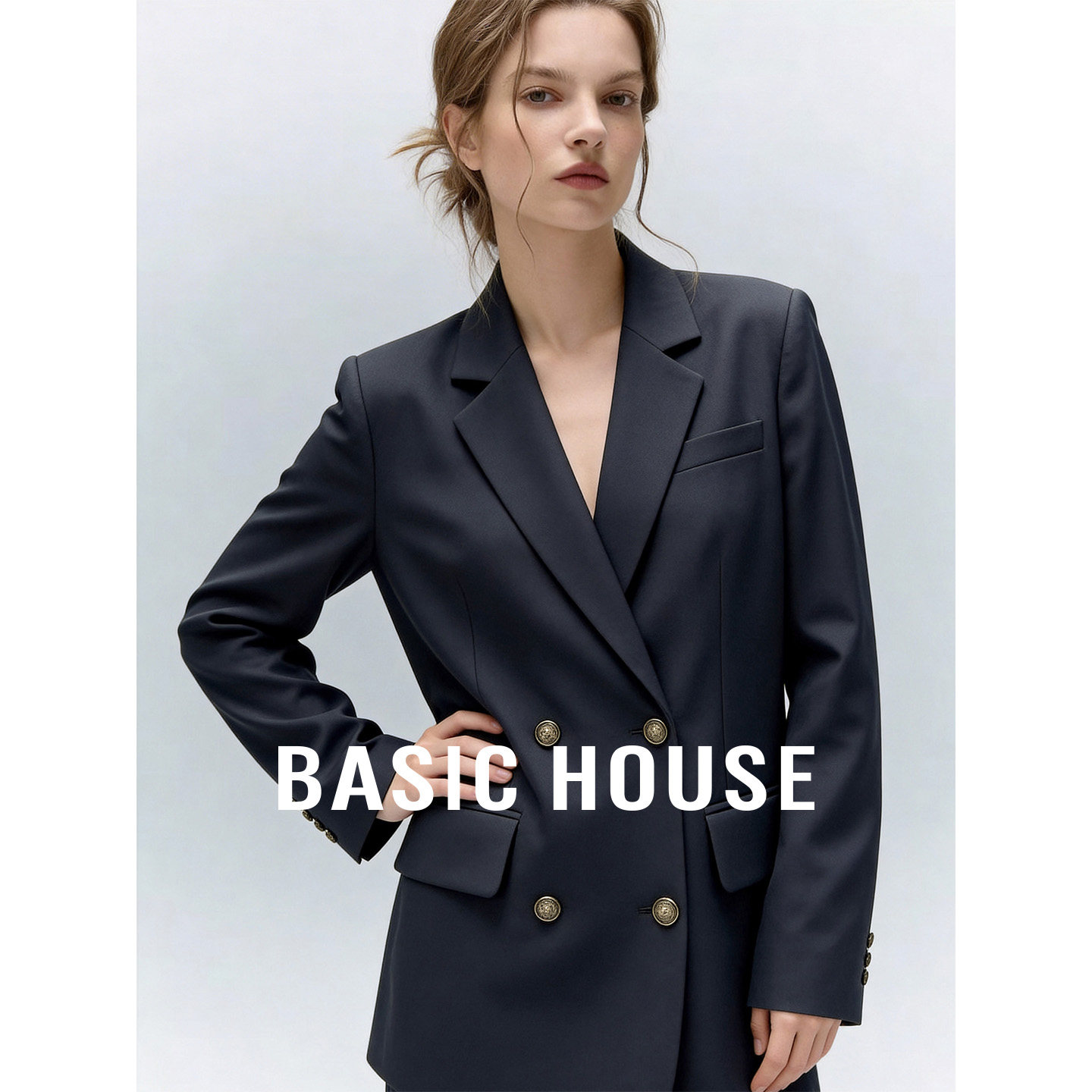 Basic House/百家好藏青色双排扣正肩西装女春季新款通勤气质外套