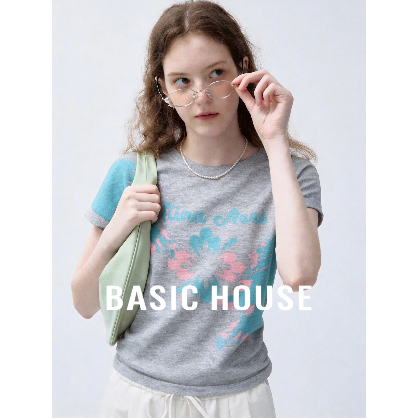 Basic House/百家好印花短袖T恤女圆领宽松韩版灰色夏季新款通勤