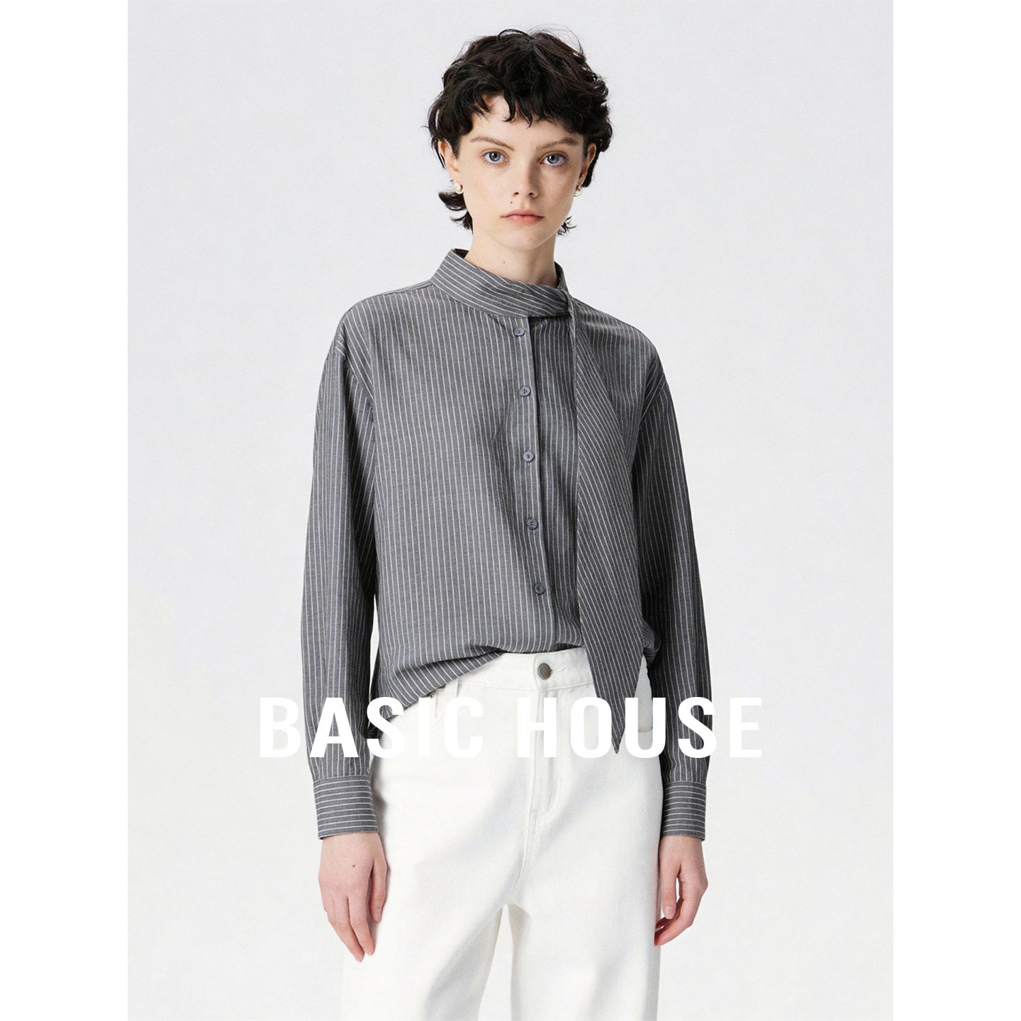 Basic House/百家好复古飘带条纹长袖衬衫女2026秋季宽松显瘦衬衣