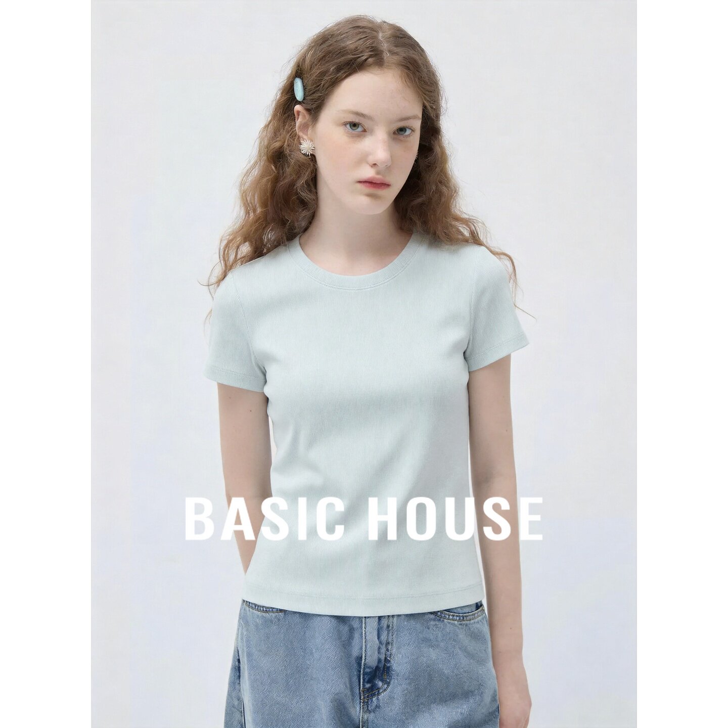 Basic House/百家好湖水蓝正肩修身短袖T恤女夏季韩系基础款上衣