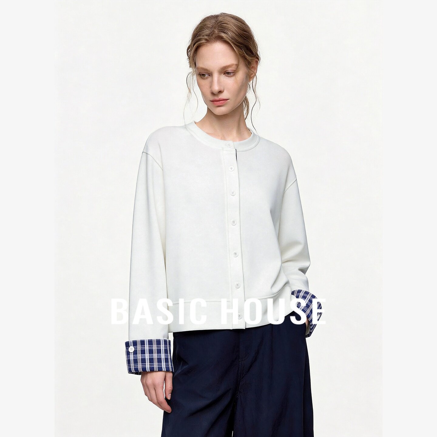 Basic House/百家好格纹拼接假两件卫衣女按扣开衫显瘦百搭外套