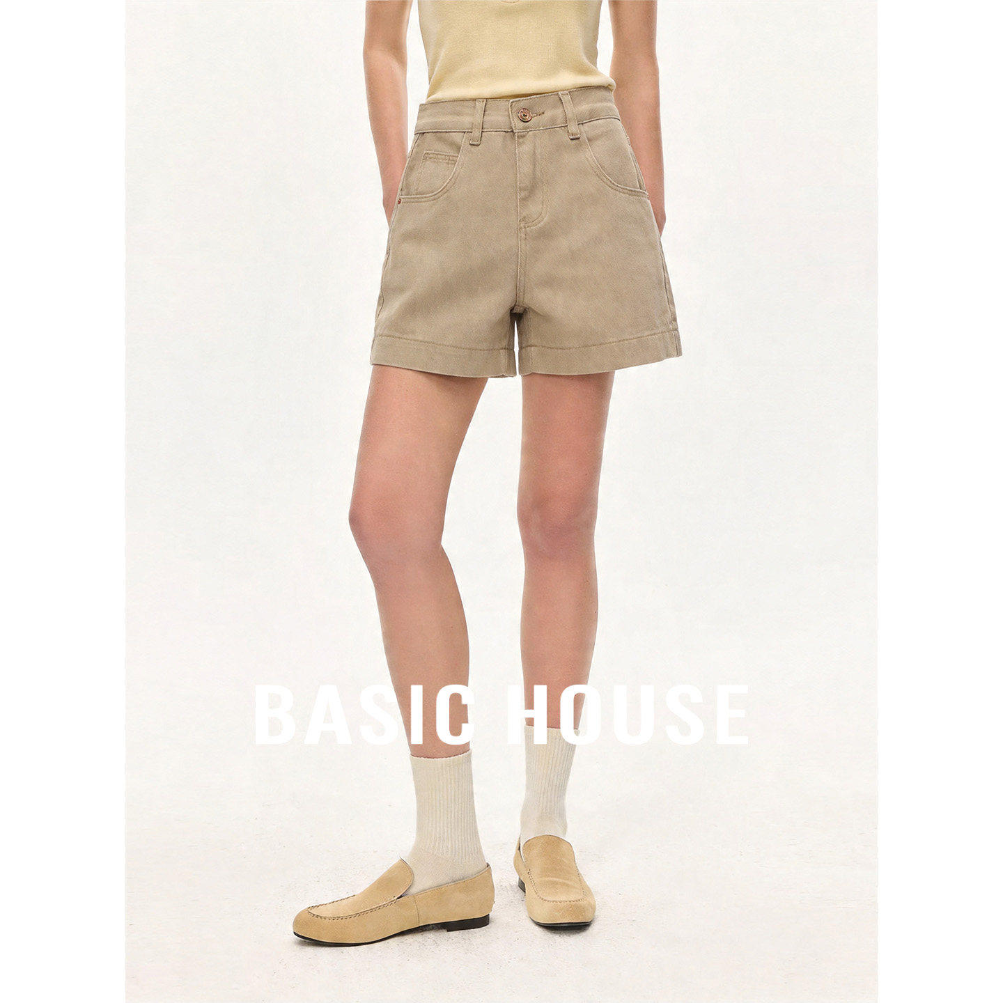 Basic House/百家好纯棉高腰短裤女夏季宽松显瘦休闲裤小个子百搭