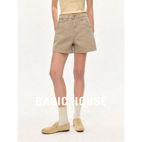 Basic House/百家好纯棉高腰短裤女夏季宽松显瘦休闲裤小个子百搭