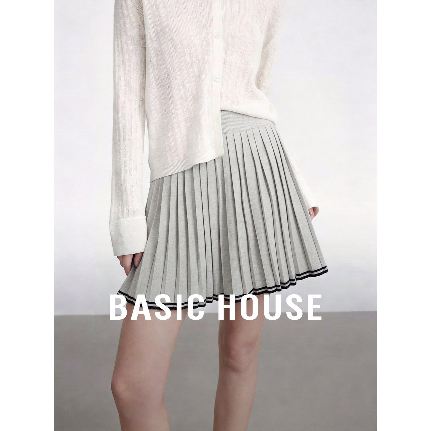 Basic House/百家好学院风撞色百褶半身裙女2026春季短款A字裙子