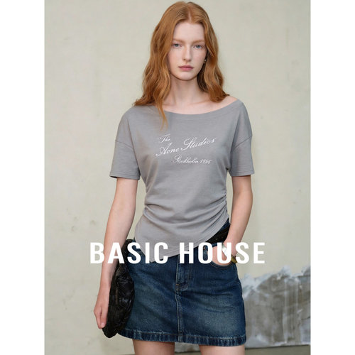 Basic House/百家好休闲宽松短袖T恤女夏季灰色斜肩显瘦时尚上衣