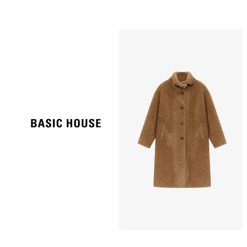 Basic House/百家好立领单排扣毛毛外套女秋冬加厚保暖中长款上衣