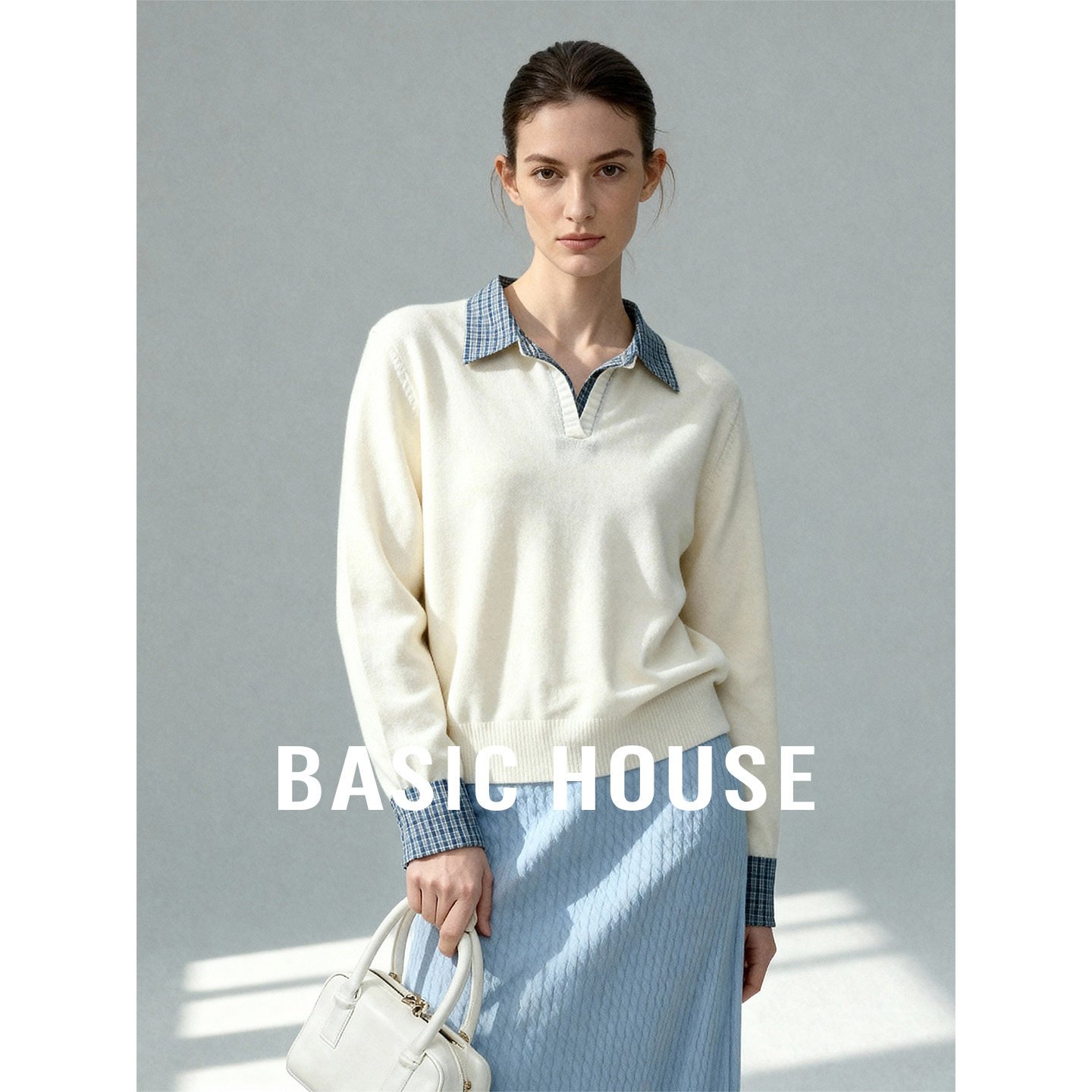 Basic House/百家好绵羊毛短款套头假两件针织上衣女格子拼接毛衣