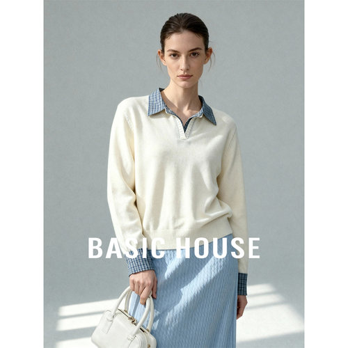 Basic House/百家好绵羊毛短款套头假两件针织上衣女格子拼接毛衣