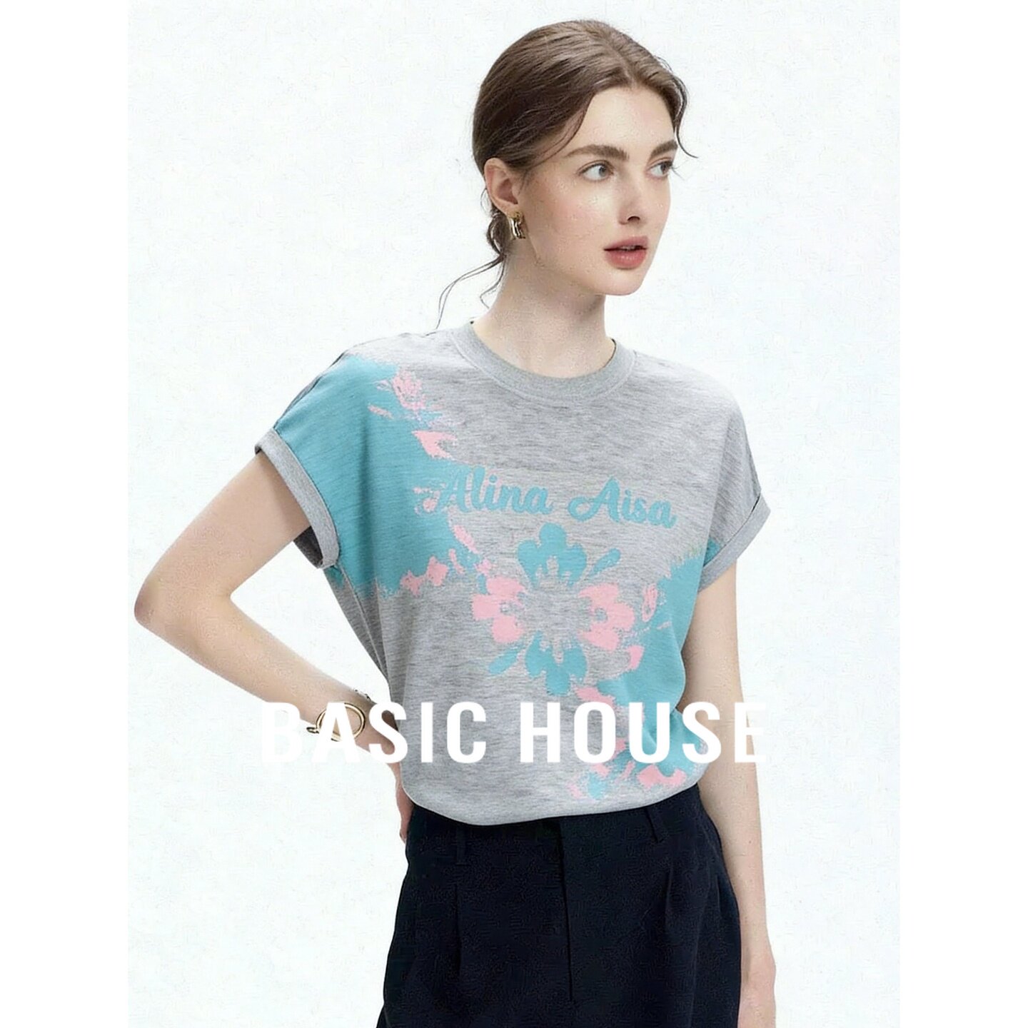 Basic House/百家好烟灰色撞色花朵印花短袖针织衫女宽松休闲上衣