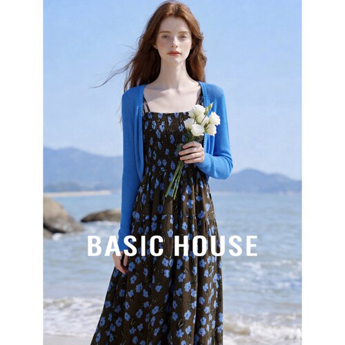 Basic House/百家好法式针织开衫碎花吊带连衣裙女2026夏显瘦套装