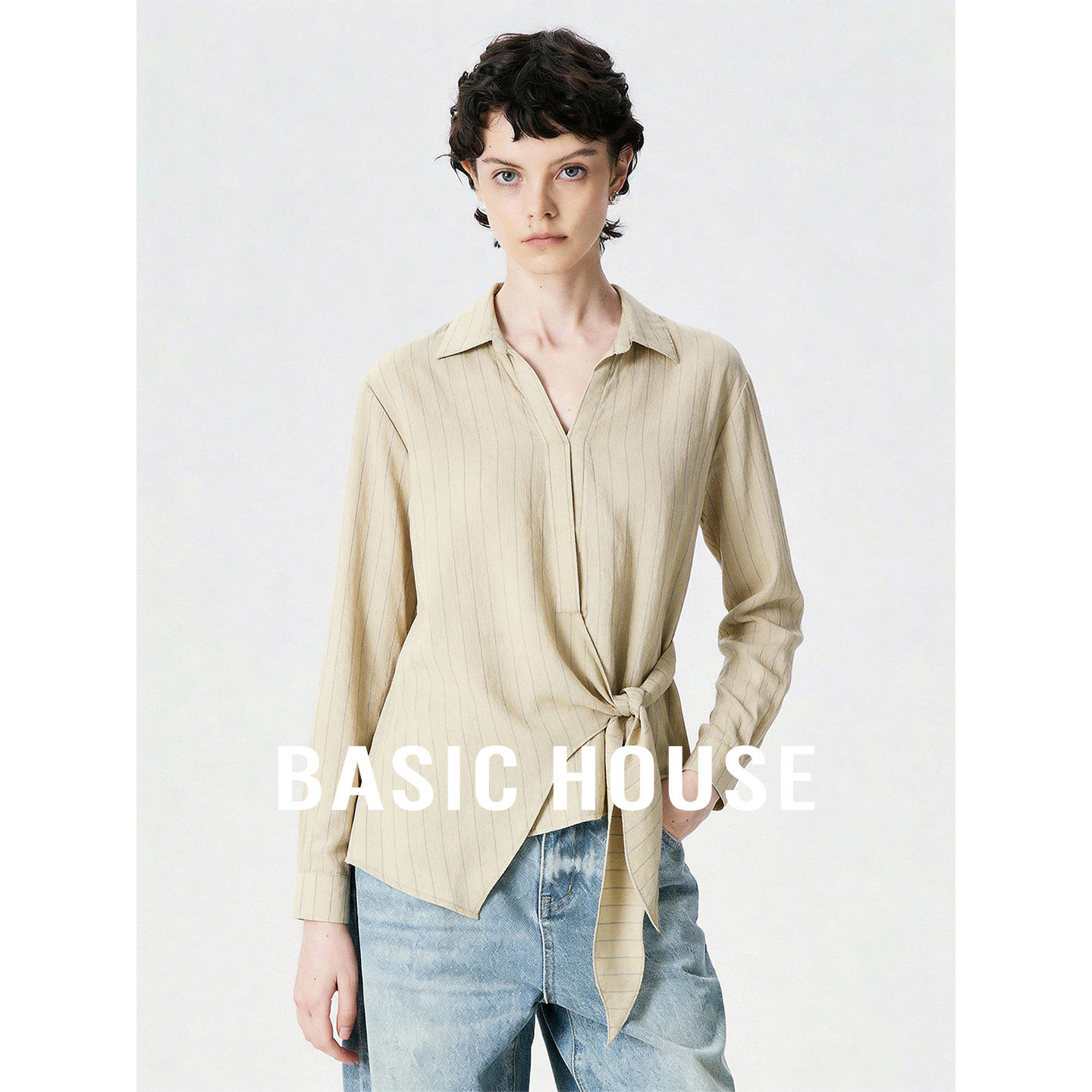 Basic House/百家好高级感系带条纹衬衫女秋季设计感V领长袖小衫