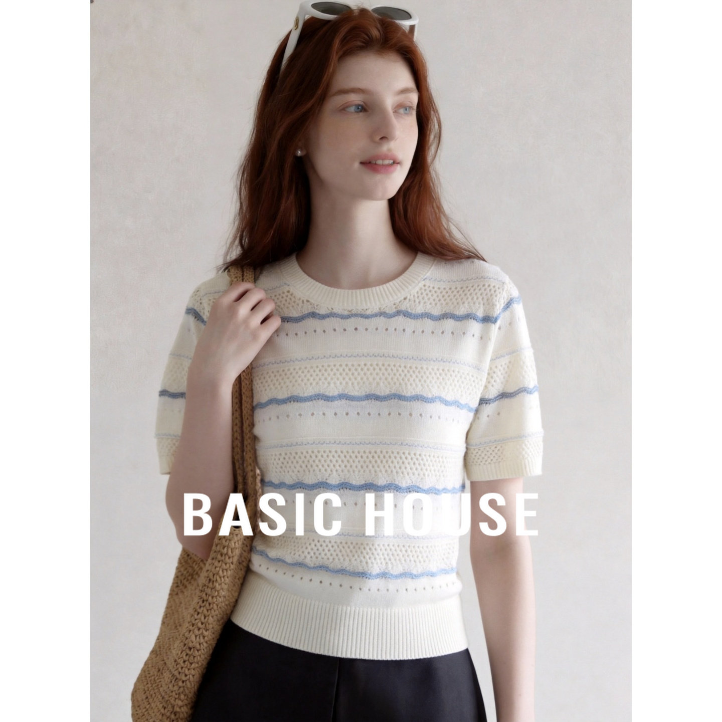 Basic House/百家好蓝色薄款条纹针织衫女2026夏新款圆领镂空短袖