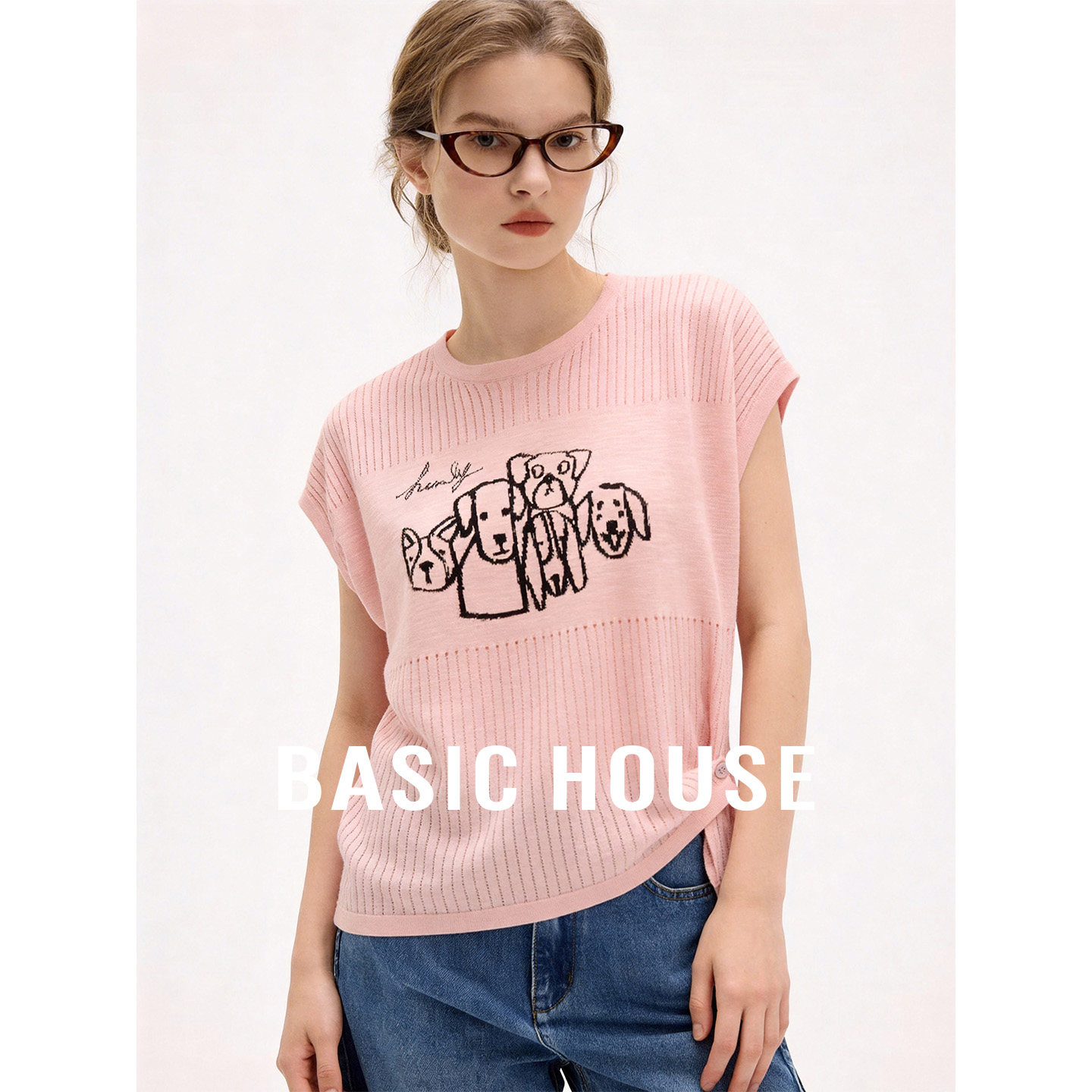 Basic House/百家好修身显瘦夏季新款动物提花设计短袖套头针织衫