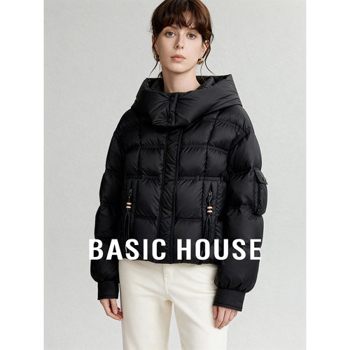Basic House/百家好2025冬季新款纯色白鸭绒羽绒服女保暖短款外套