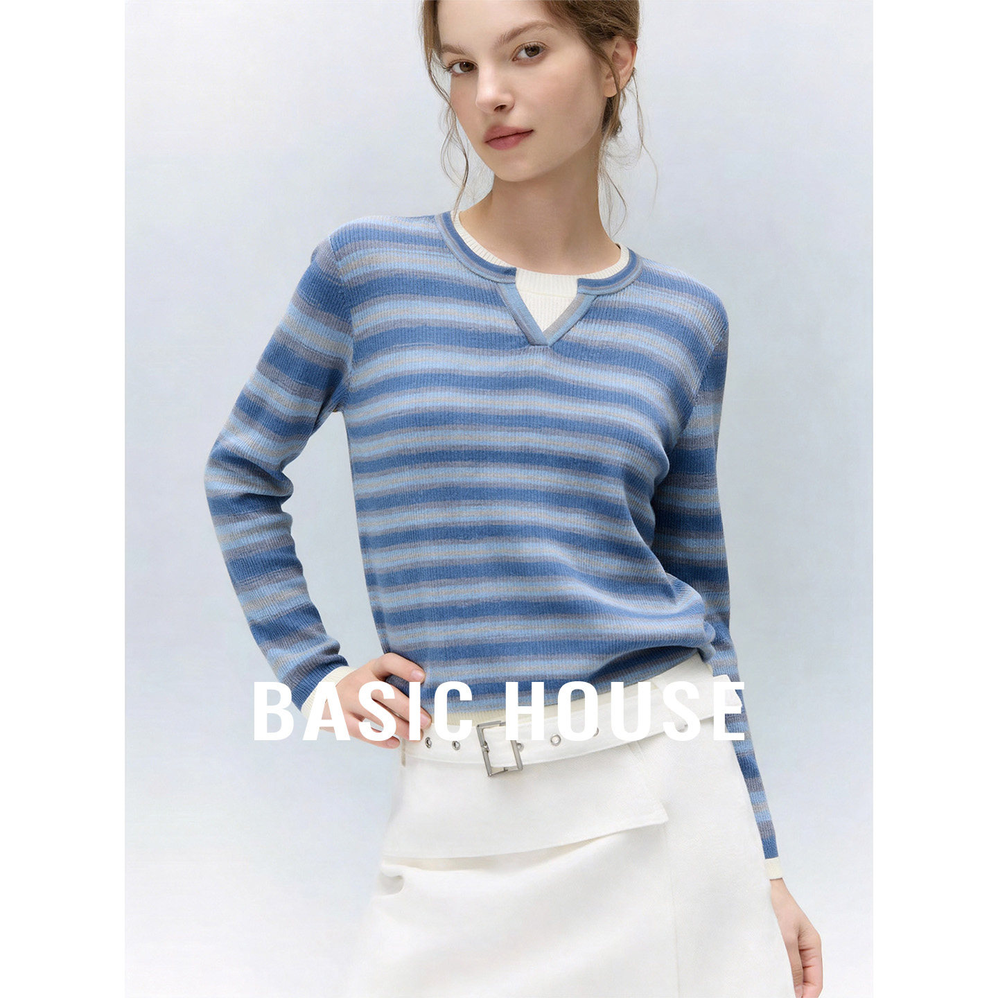 Basic House/百家好撞色条纹假两件针织衫女春季新款圆领拼接上衣