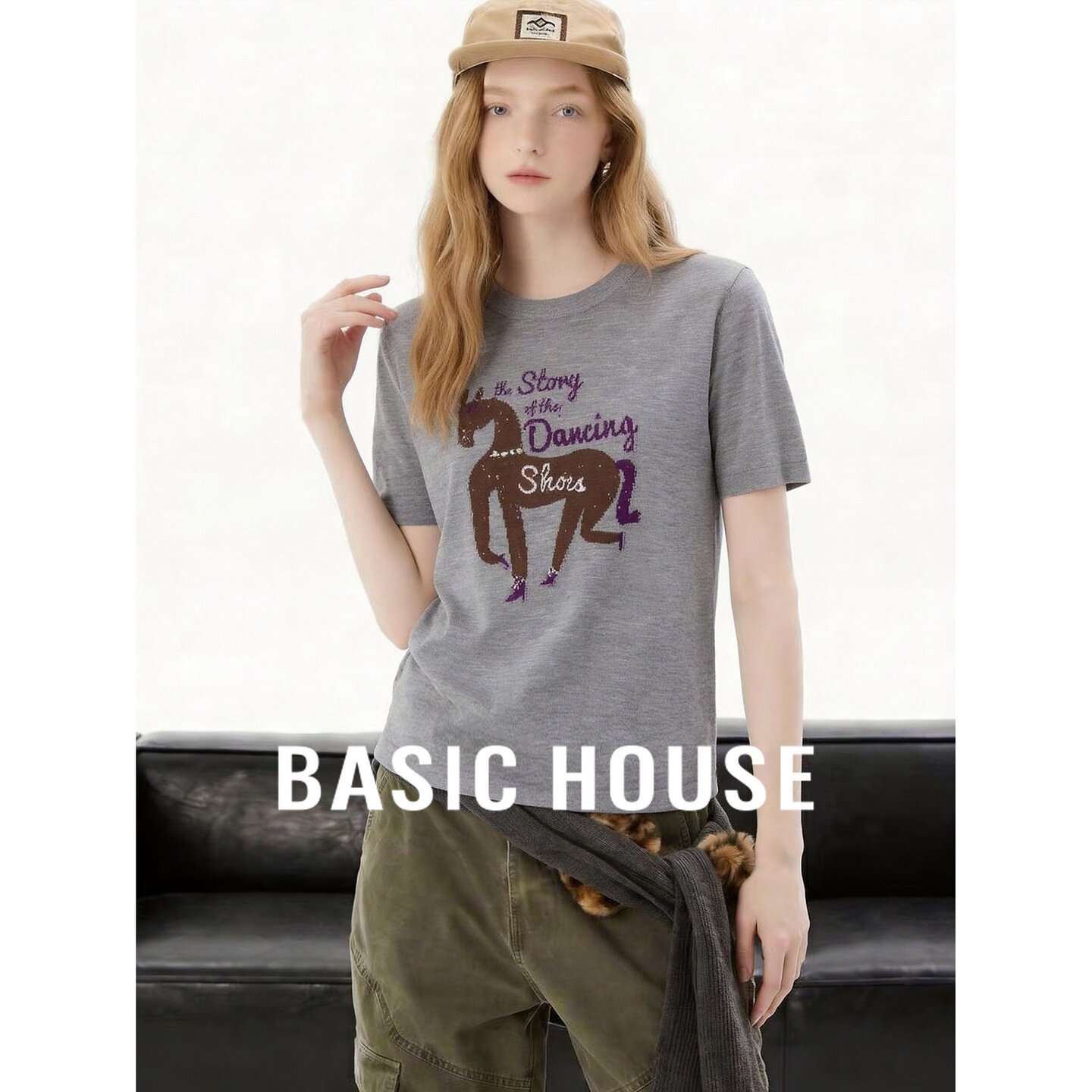 Basic House/百家好小马印花短袖针织衫女2026夏新款显瘦休闲上衣