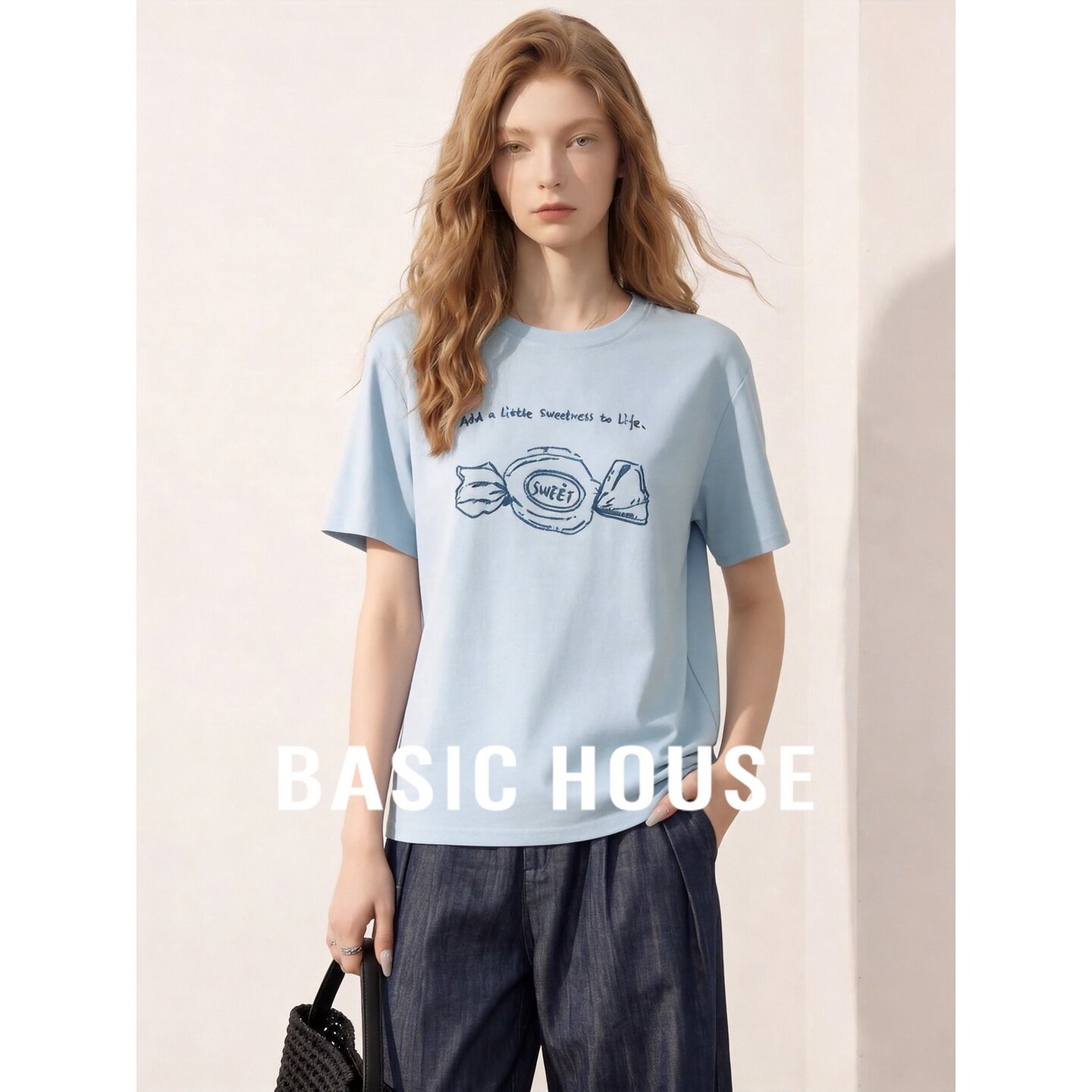 Basic House/百家好糖果印花短袖T恤女夏季圆领百搭修身显瘦上衣