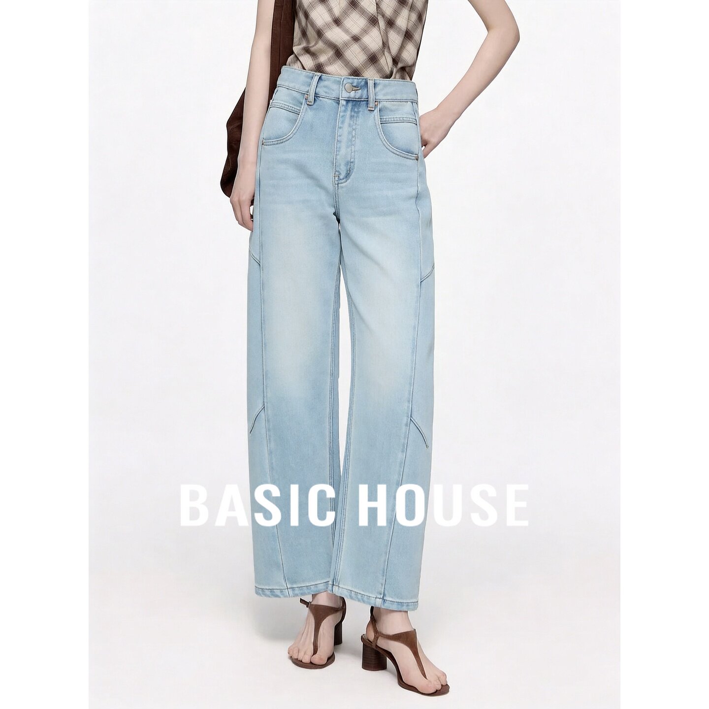 Basic House/百家好高腰阔腿裤女夏季宽松直筒浅蓝拼接韩版牛仔裤