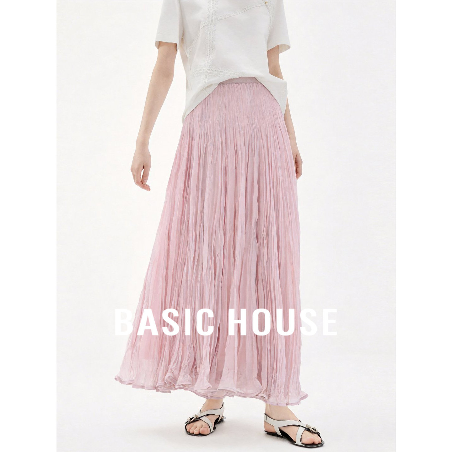 Basic House/百家好粉色百褶半身裙女2026夏季A字大摆中长款纱裙
