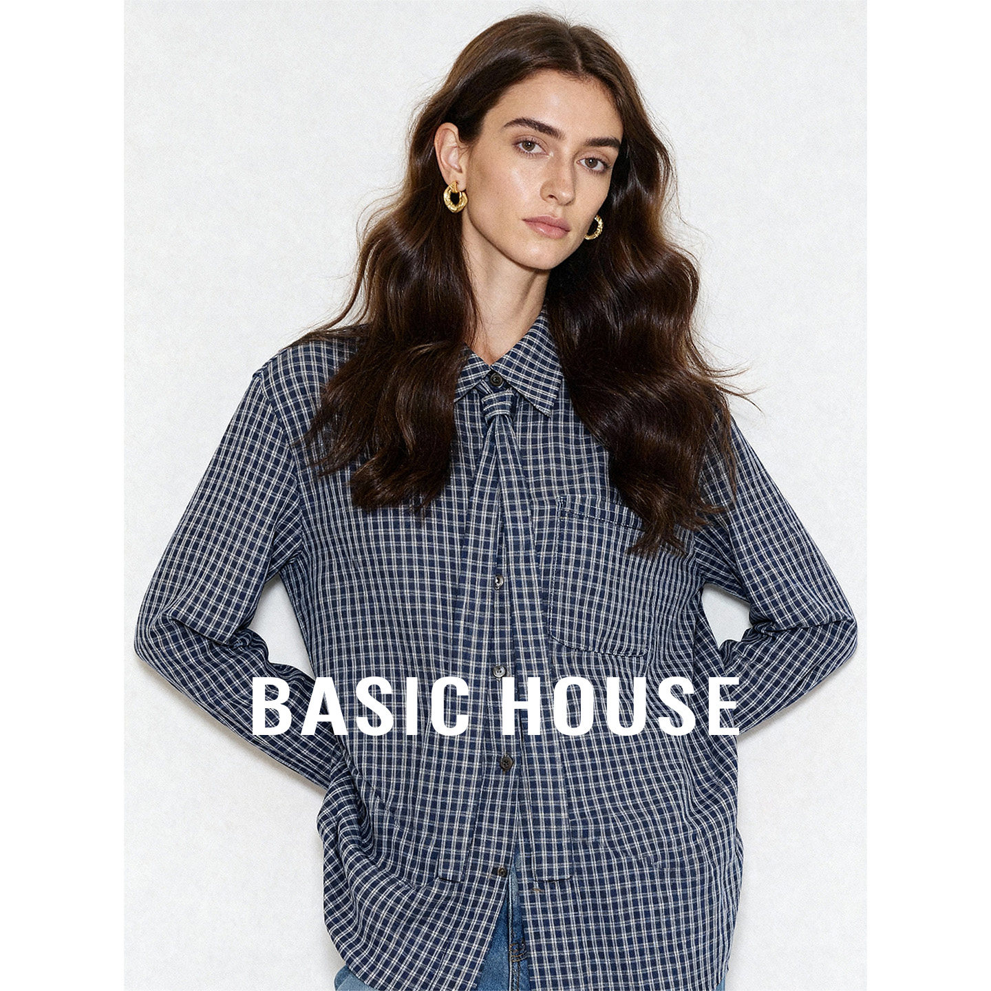Basic House/百家好藏青格polo领衬衫女春季新款百搭长袖短款上衣