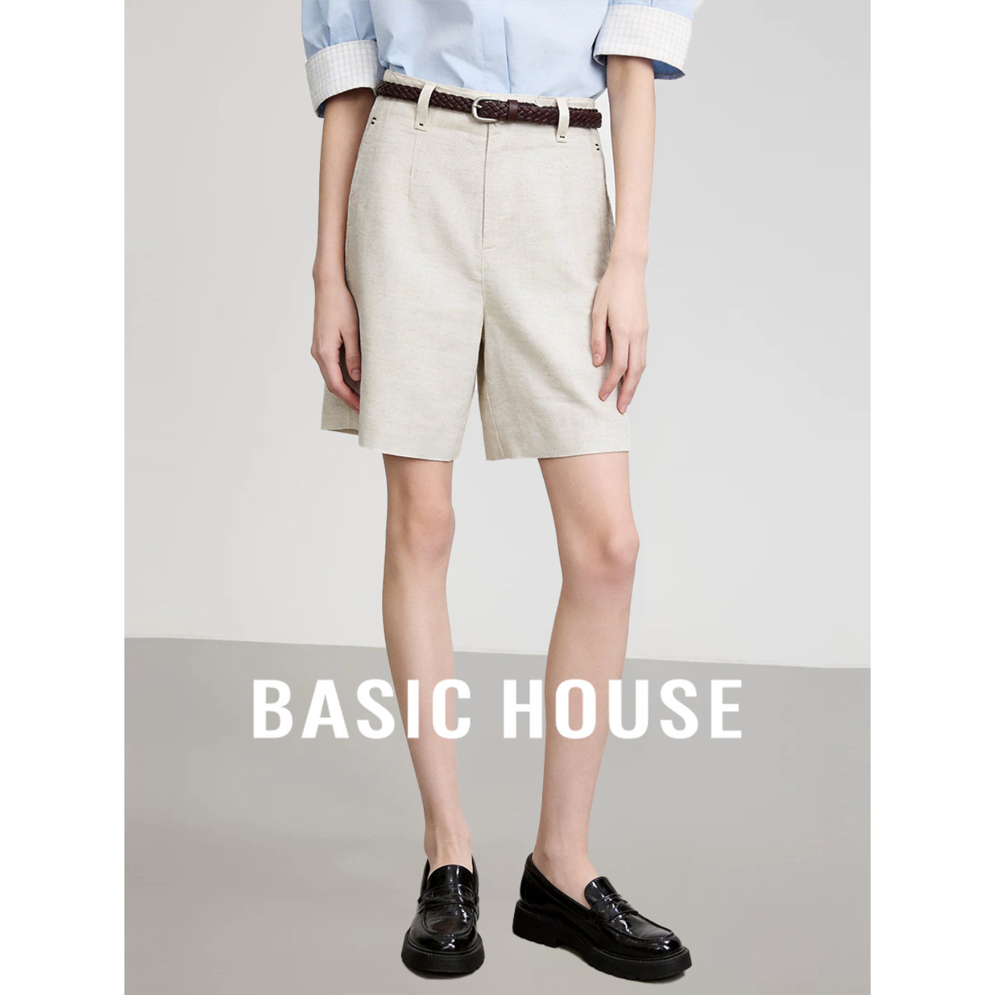 Basic House/百家好极简风高腰白色短裤女夏季宽松显瘦腰带休闲裤
