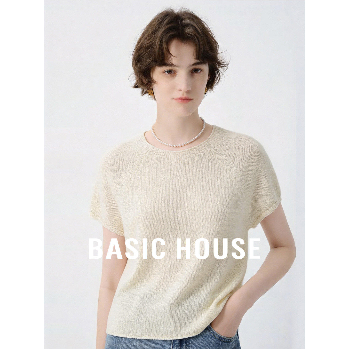 Basic House/百家好2026夏季宽松显瘦短款针织衫女套头百搭上衣