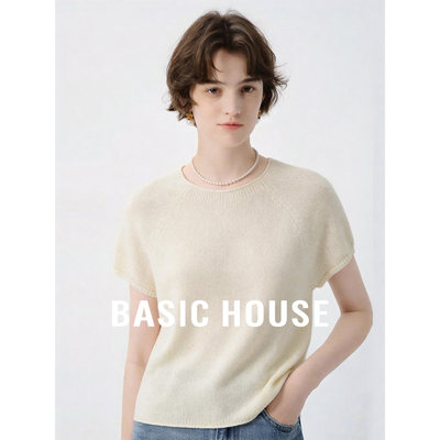 Basic House/百家好2026夏季宽松显瘦短款针织衫女套头百搭上衣