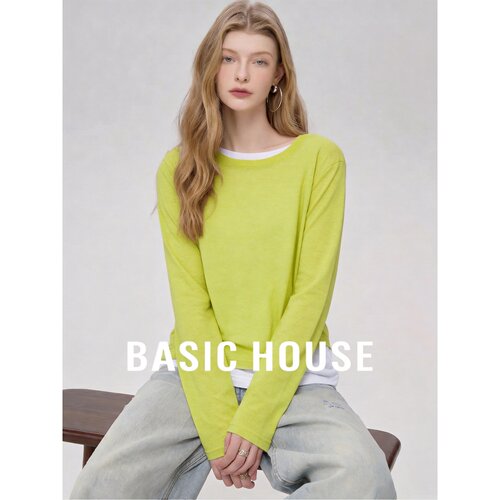 Basic House/百家好2026秋季绿色圆领撞色拼接直筒长袖女日常T恤