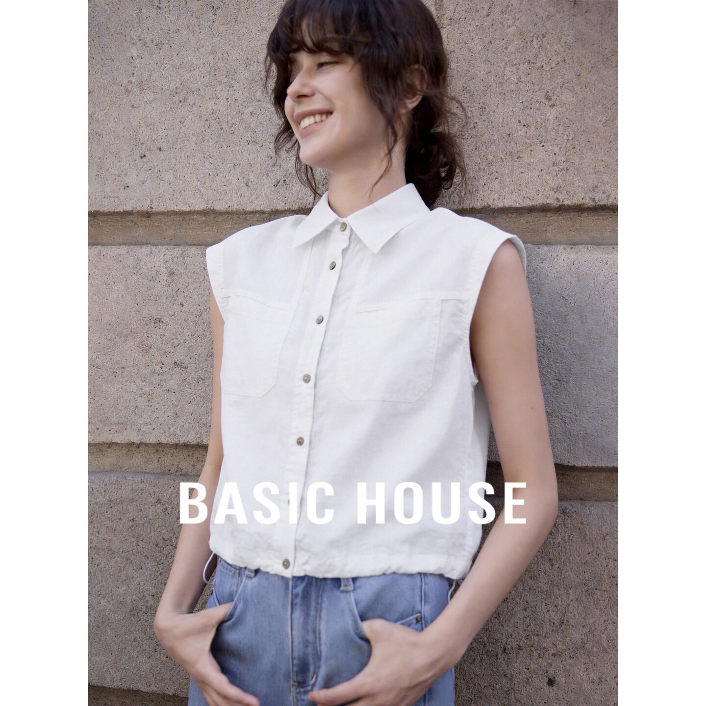 Basic House/百家好苎麻翻领口袋无袖短款宽松衬衫女亲肤透气上衣