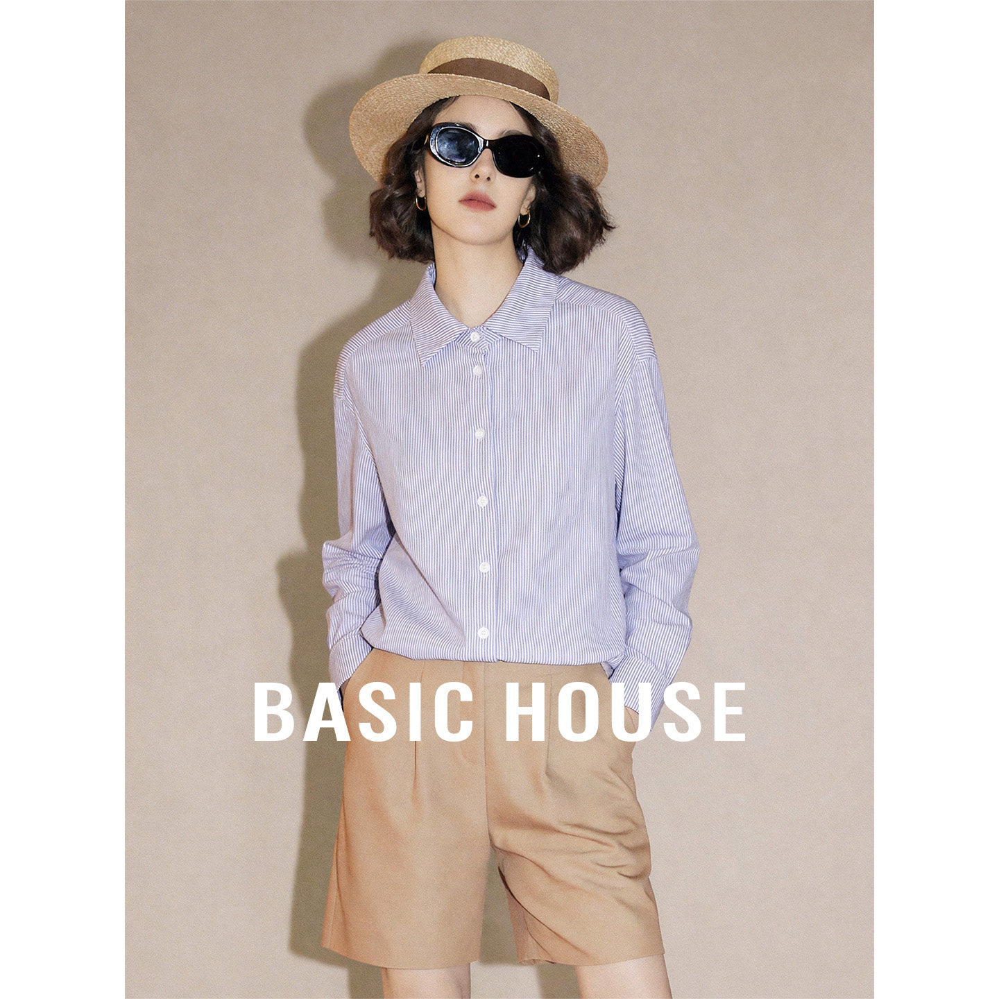 Basic House/百家好全棉撞色条纹衬衫女秋松弛ROW风下摆弧形衬衣