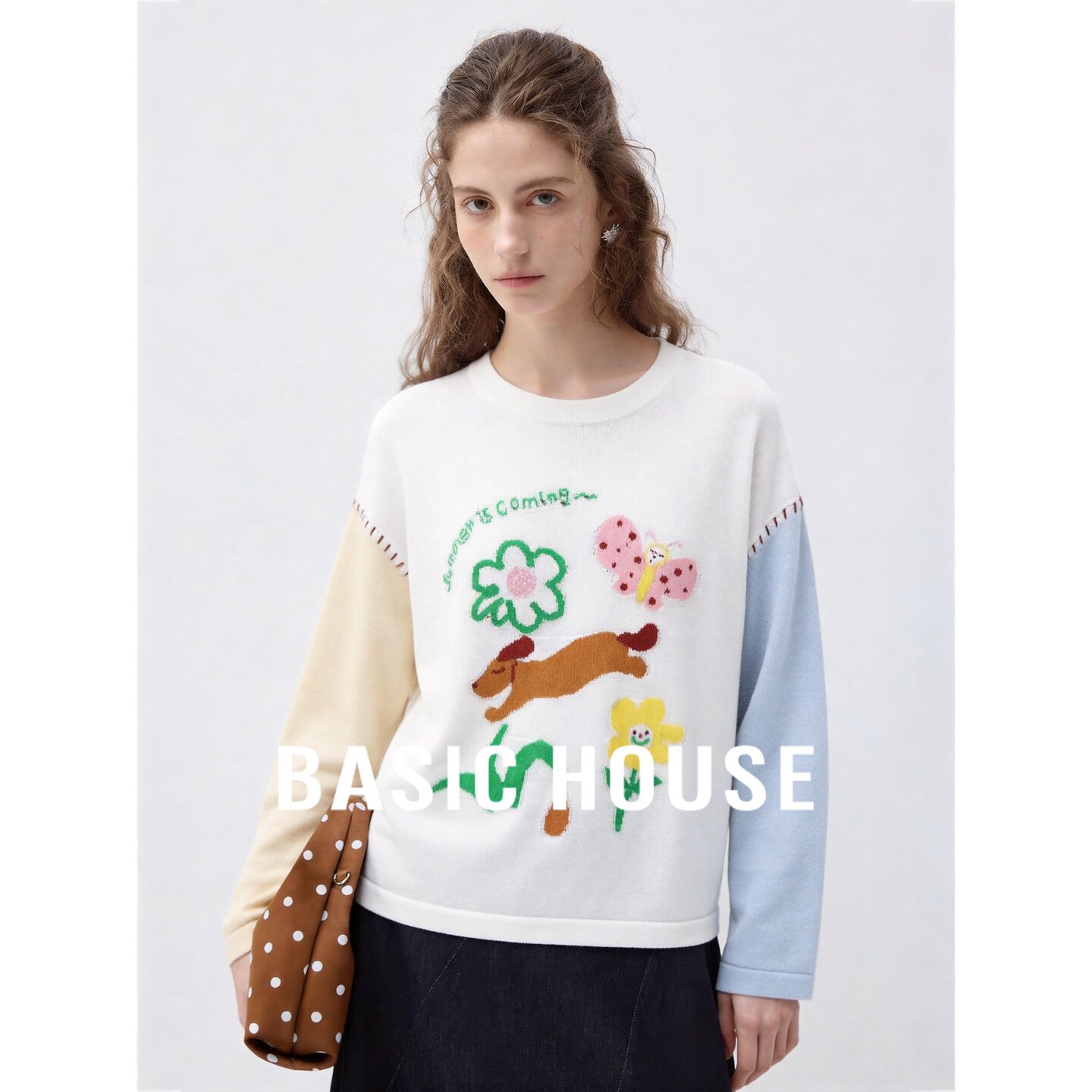 Basic House/百家好多巴胺配色印花针织衫女撞色袖子设计感上衣