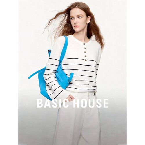 Basic House/百家好慵懒风条纹亨利针织衫女长袖宽松设计感上衣