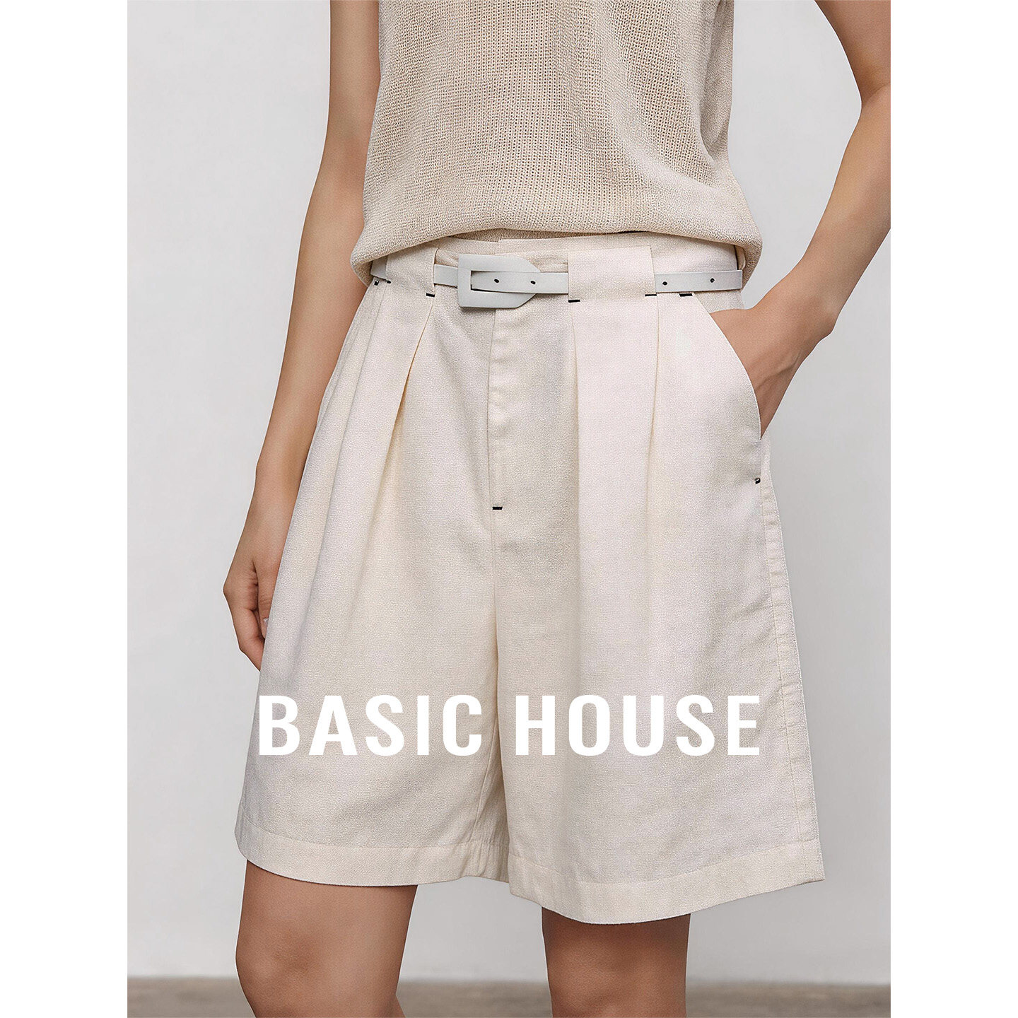Basic House/百家好莱赛尔亚麻直筒短裤女夏高腰压褶五分通勤裤子