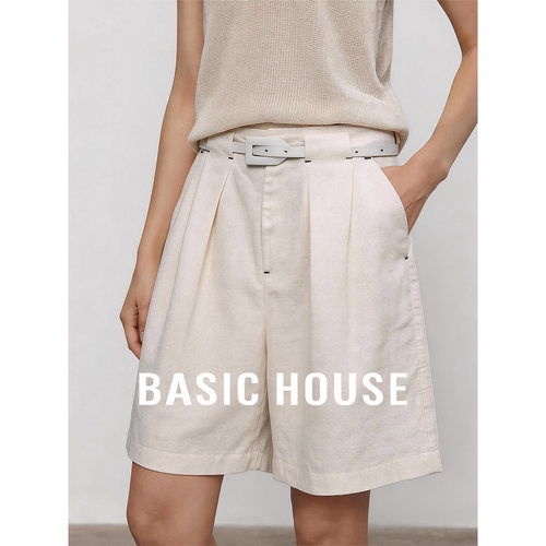 Basic House/百家好莱赛尔亚麻直筒短裤女夏高腰压褶五分通勤裤子