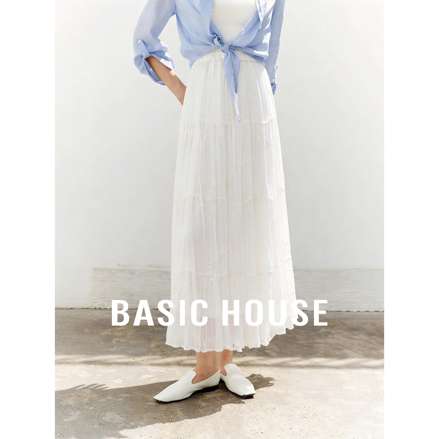 Basic House/百家好春季新款气质显瘦纯色网纱半身裙女中长A字裙