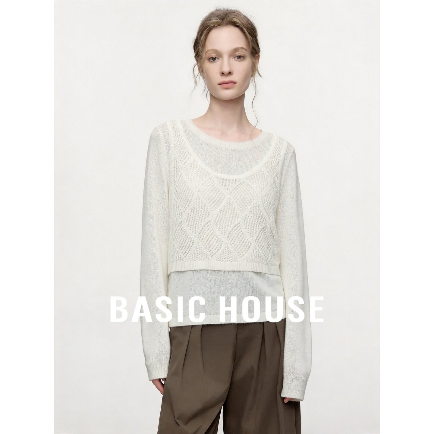 Basic House/百家好韩版假两件圆领针织衫女宽松显瘦镂空设计上衣