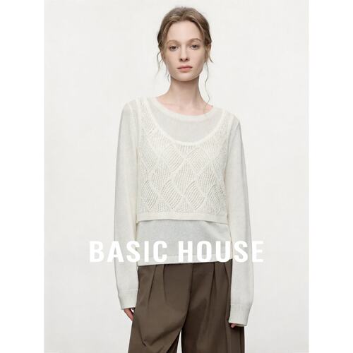 Basic House/百家好韩版假两件圆领针织衫女宽松显瘦镂空设计上衣