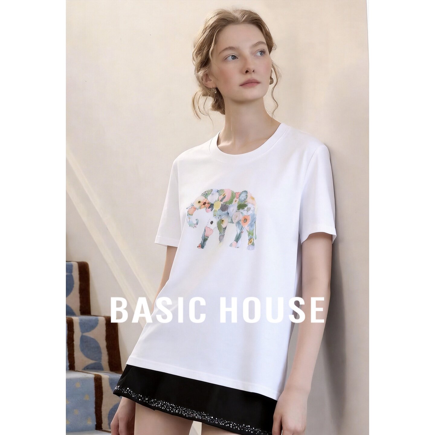 Basic House/百家好印花T恤女夏宽松圆领短袖T恤韩版白色休闲上衣