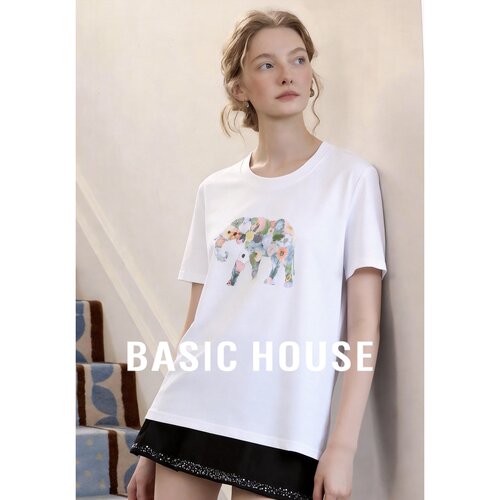 Basic House/百家好印花T恤女夏宽松圆领短袖T恤韩版白色休闲上衣