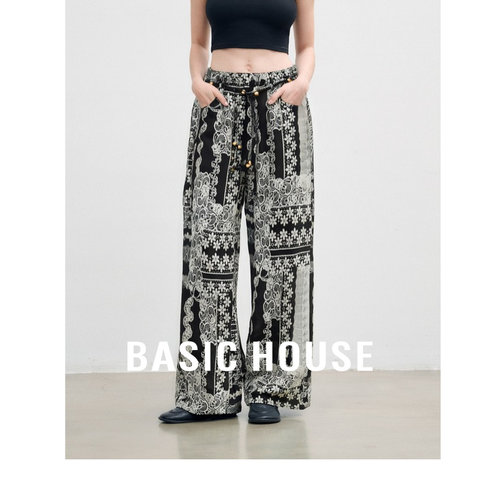 Basic House/百家好时髦垂感复古莱赛尔休闲裤印花易打理直筒裤女