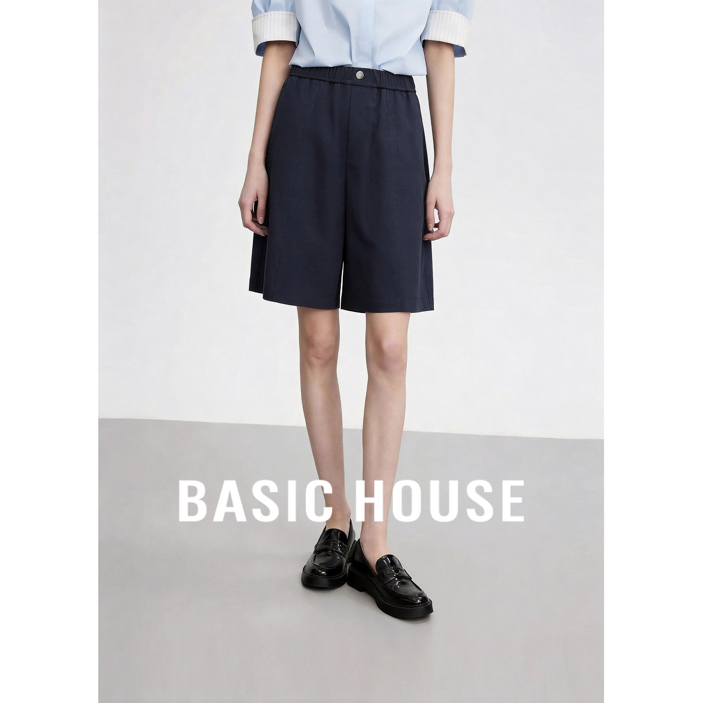 Basic House/百家好极简藏青色高腰阔腿短裤女夏季百搭A字休闲裤