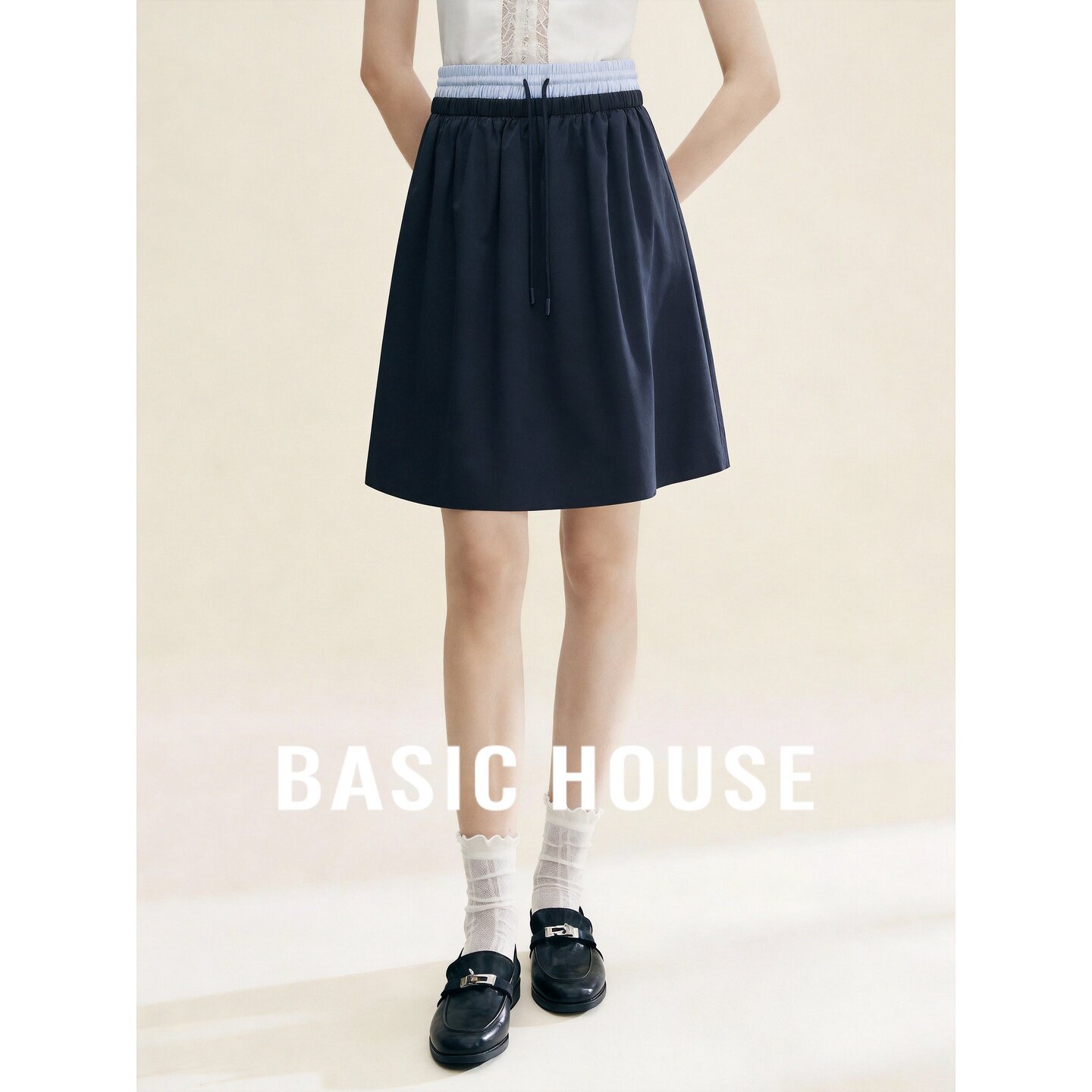 Basic House/百家好藏青撞色遮胯短裙女26夏季运动休闲纯棉A字裙